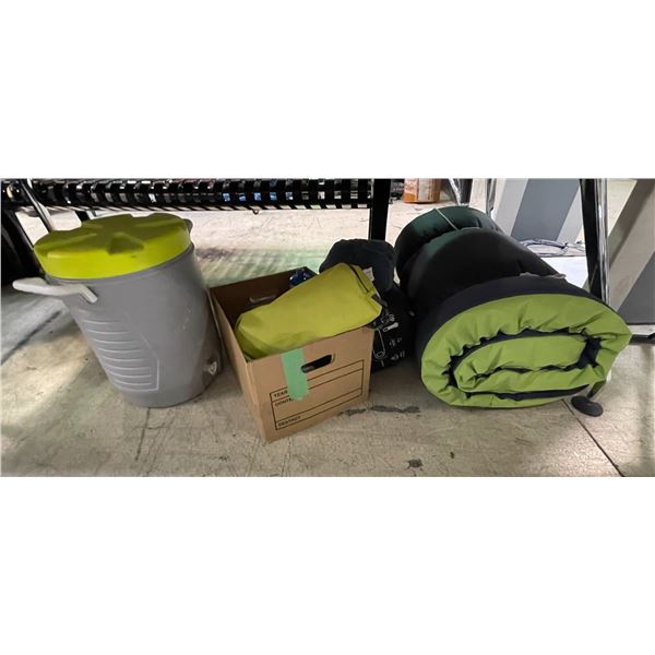 Group of Misc Camping Gear - Sleeping Bag, Cooler, Emergency Blanket, Etc.