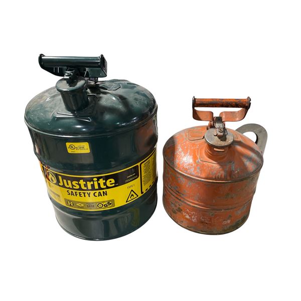 (2) Metal Safety Fuel Cans - Justrite Green & Vintage Red