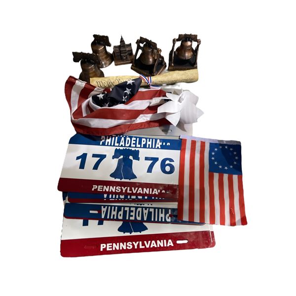 Group of Philadelphia License Plates, Liberty Bell Souvenirs, Flag, Etc.