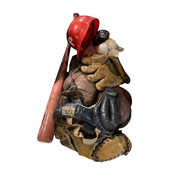 Group of Misc Baseball Gloves, Ball, Helmet, Bat, Etc