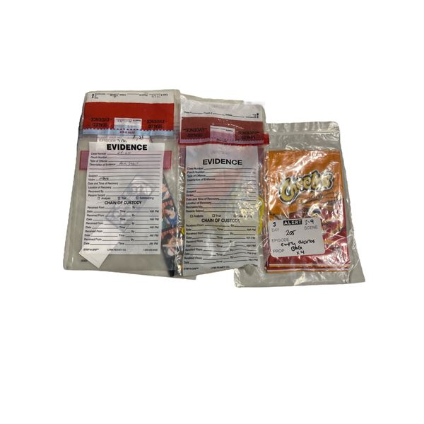 Group of Set Dec "Evidence" Cheeto Bags, Photo Strips, Etc.