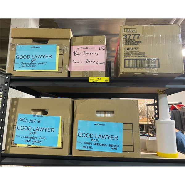 2 Shelves of Misc Set Dec - Salt & Pepper Shakers, Plastic Glasses, Water Glasses, Menus, Etc.