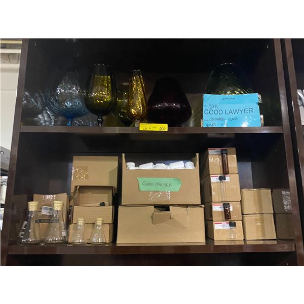 Assorted Colored Glass Vases, Laboratory Glassware, Small Plastic Bottles & Amber Sample Vials