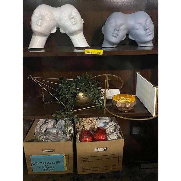 Decorative Mannequin Head Sculptures, Artificial Plant with Gold Hanger, Glass Candle Holders & Vase