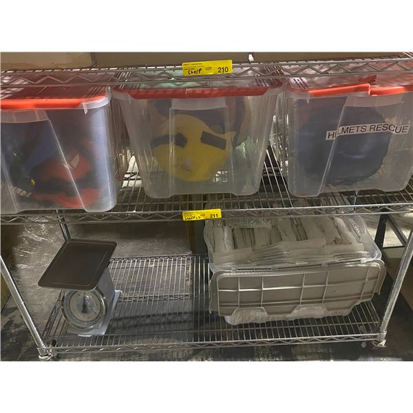 2x Shelves of - Rescue Helmet, Surgical Gloves, Scale, Etc.