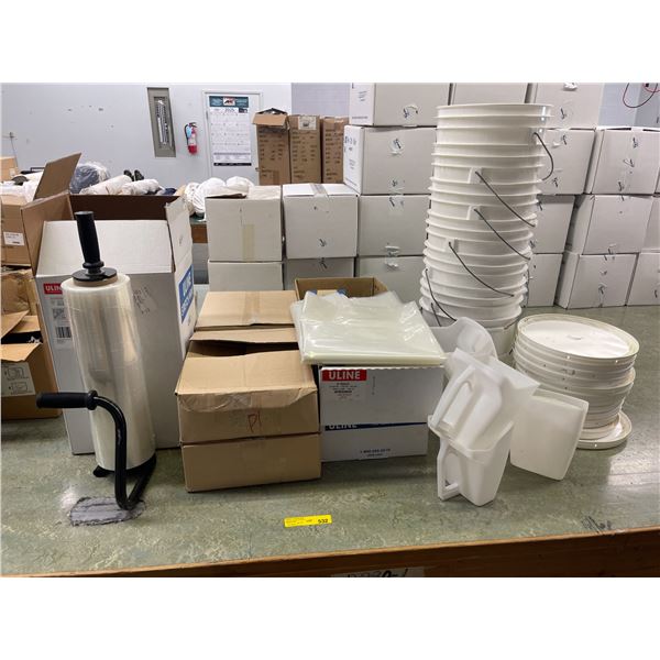 Group - Shrink Wrap & Handle, thick Poly Garbage Bags (Uline), Buckets