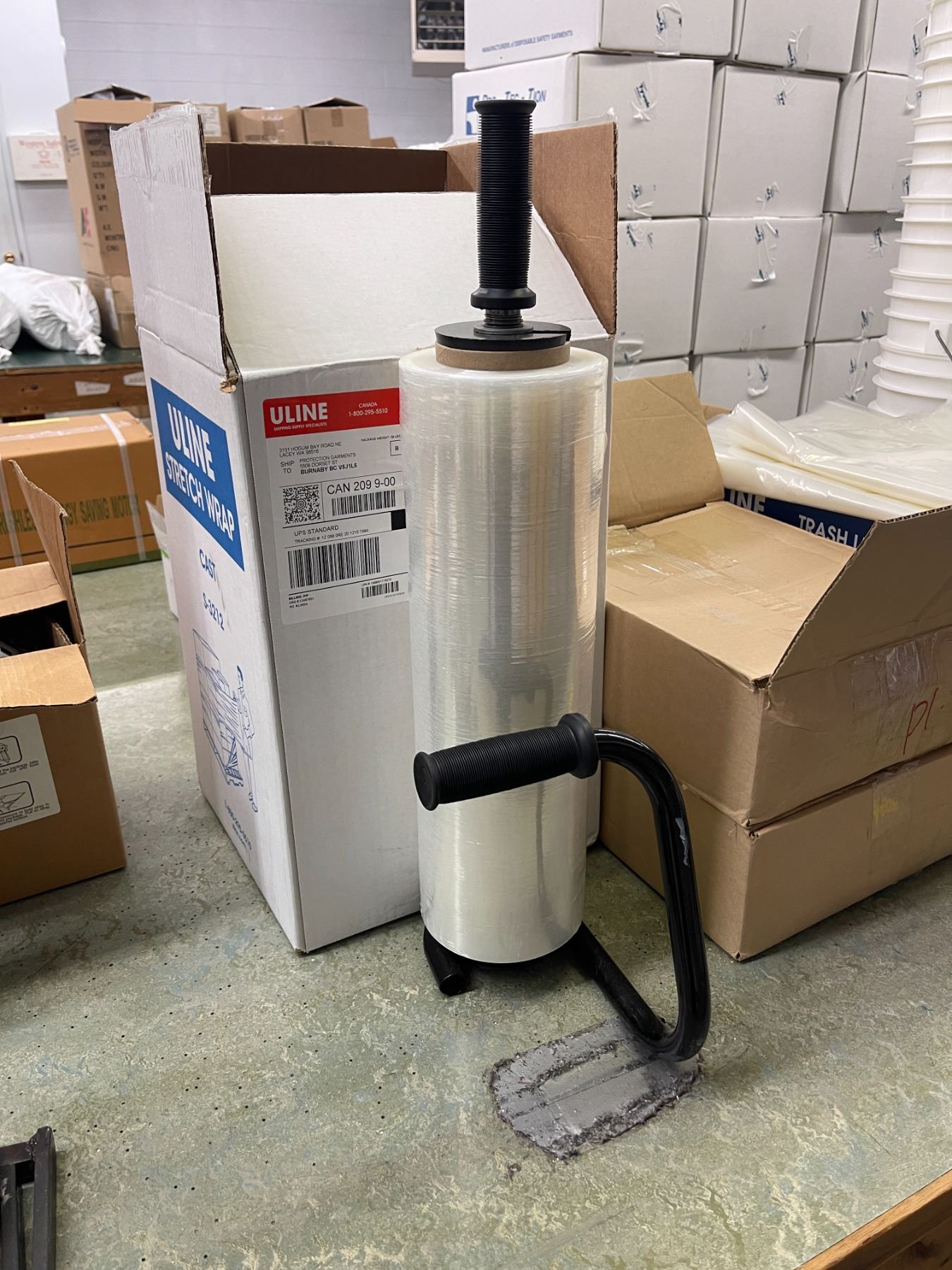 Group - Shrink Wrap & Handle, thick Poly Garbage Bags (Uline), Buckets