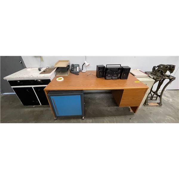 Group - Double Kick Press, Paper Cutter, Filing Cabinet, Desk (72x36x30"), Stereo, Etc.