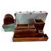 Image 1 : 3 Pcs - Vintage Wood Desk Organizer Set, Amber Acrylic Bookends & Grill Tool Set in Aluminum Case