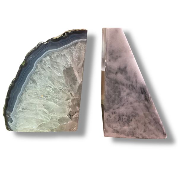 Pair of Beautiful Natural Stone Bookends - Agate Geode & Gray Marble