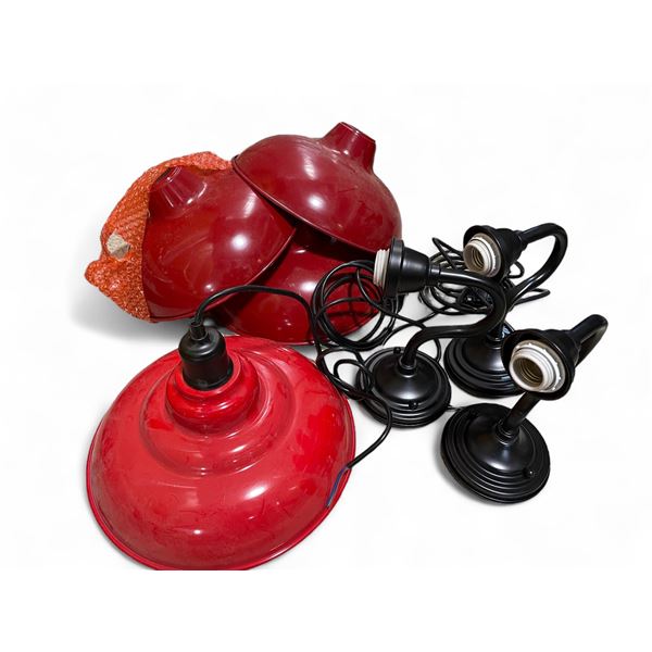 4 Red Pendant Shades & 3 Black Gooseneck Lamp Holders
