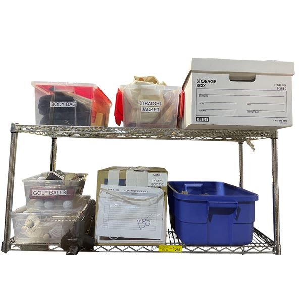 2 Shelves Movie Prop Bundle - Body Bag, Straight Jacket, Alien Ooze Jars, Sports Balls