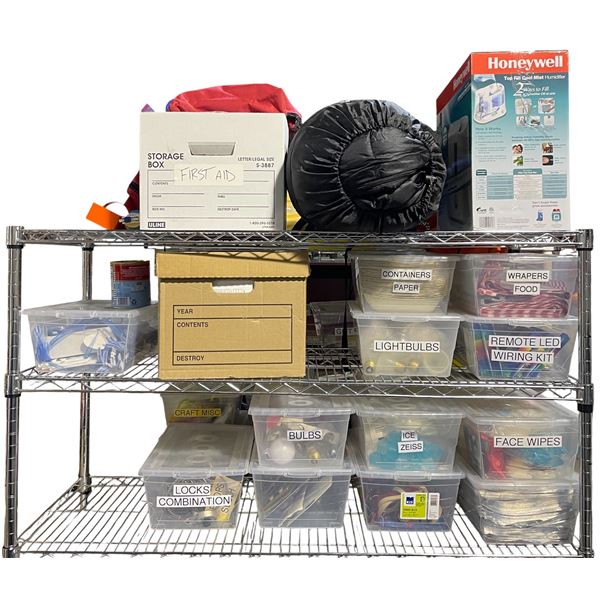 3 Shelves of First Aid, Take Out Containers, Bulbs, Locks & more