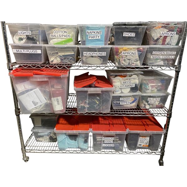 3 Shelves of First Aid, Goods, Clothing, Glitter Glue & More