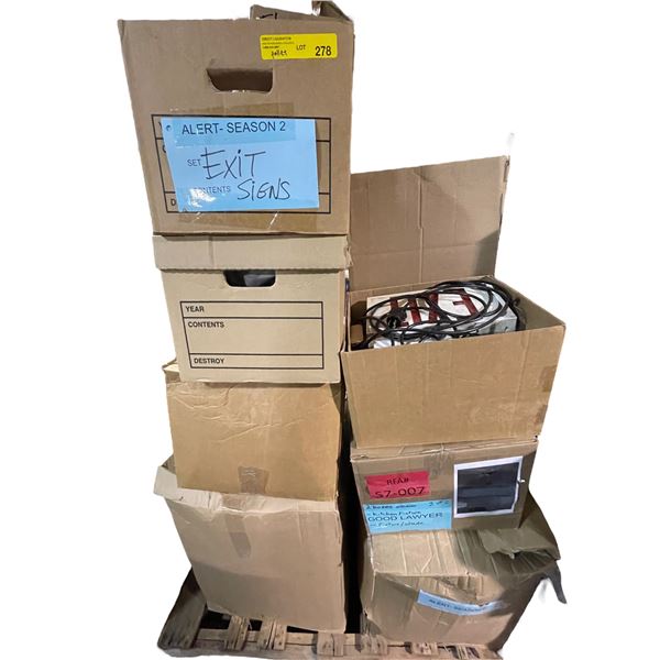 Pallet of Exit Signs, Light Fixtures and Light Bulbs