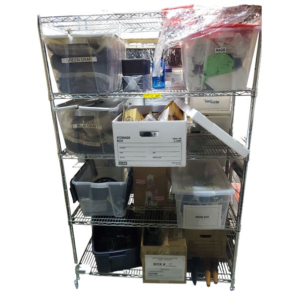 4 Shelf Lot of Ironing Kit, Draft Drapes, New Rags. Tiaras & More