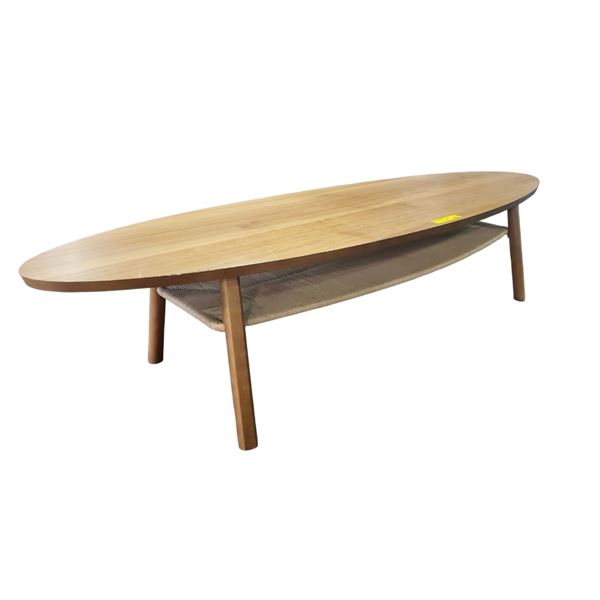 Oval Wooden Coffee Table with Woven  Rattan Shelf