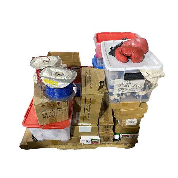 Pallet of Monitor Arms, TV Mounts, Wiring, Bulbs and More