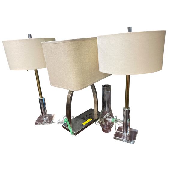 3 Contemporary Lams & 1 Glass Oil Lamp Chimney