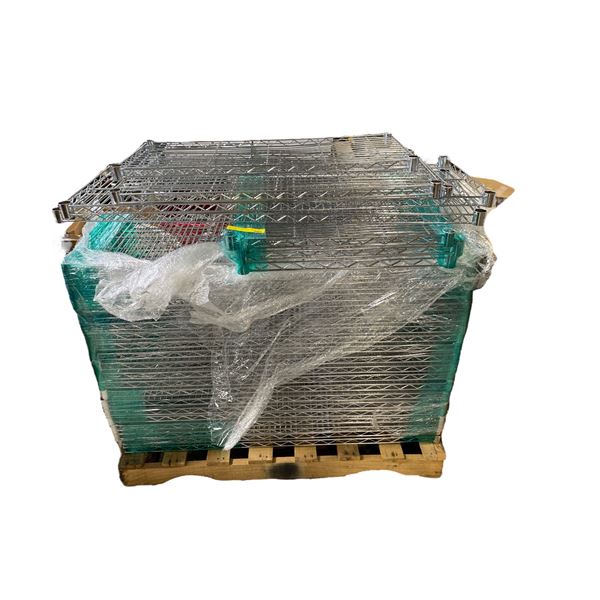 Pallet of Chrome Wire Shelves with Some Connectors - Majority are 18" x 27"