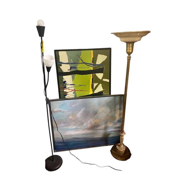 Floor Lamp, 2 Framed Art Works & a Vintage Torchiere Lamp