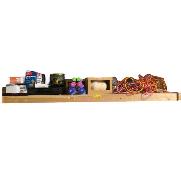 Shelf of Hand Weight Sets, Lamps, Extension Cords & Household