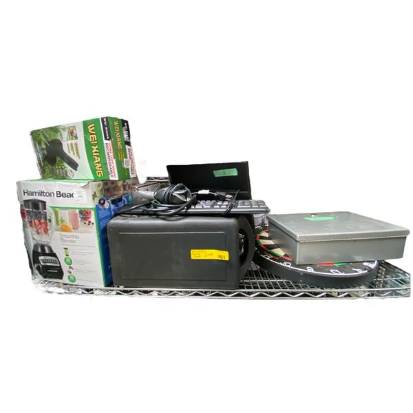 Shelf Lot - Dart Board, Monitor, Lock Box with Key & Kitchen Goods
