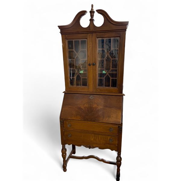 Vintage Wood Secretary Desk with Drop-Front and Glass Hutch, Approx. H79  x W28  x D15.5 