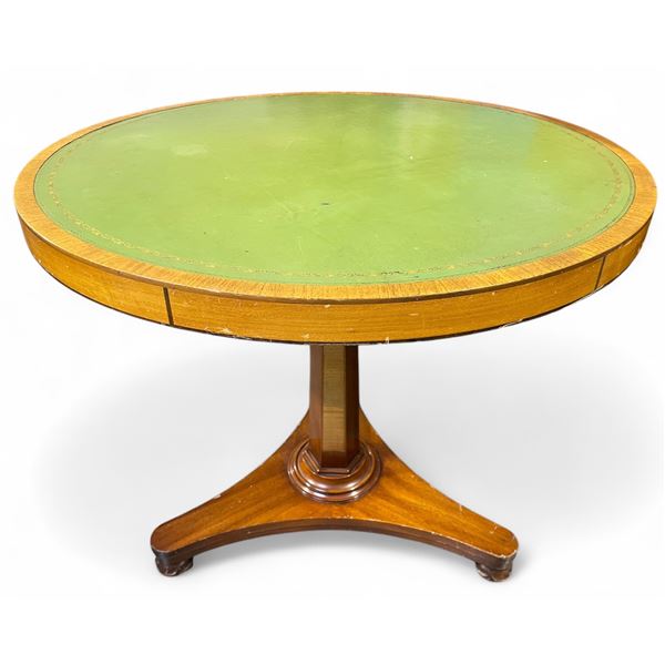 Vintage Round Pedestal Table with Green Tooled Leather Top, Approx. H28 , Diameter 31 