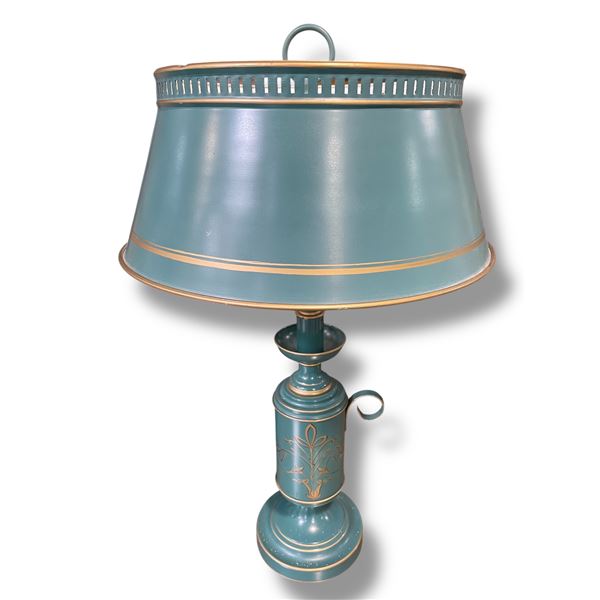 Beautiful Vintage Teal Tole Bouillotte Table Lamp (tested - working)