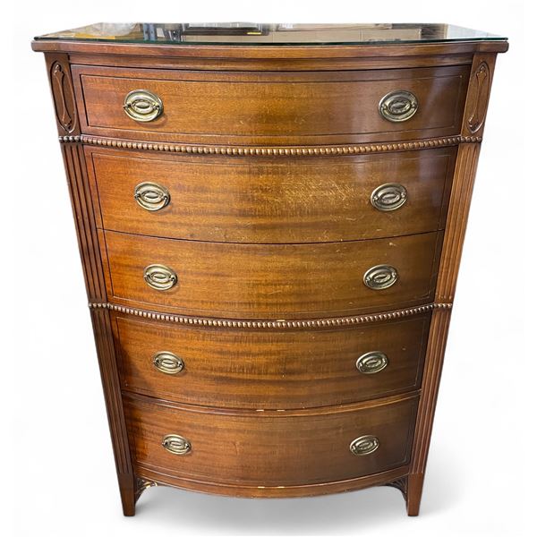Vintage Five-Drawer Bow-Front Chest with Glass Top, Approx. H50" x W34" x 20"