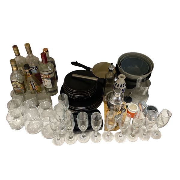 Group of Dishes, Barware, Prop Liquor & Kitchen Goods