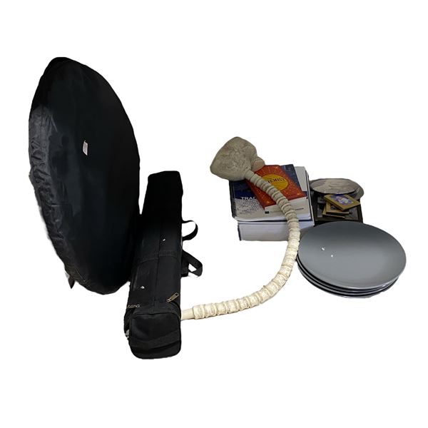 Group of Projector Screen, Plates, Books and More