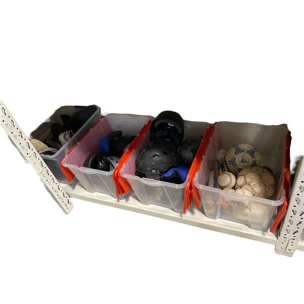 4 Totes of Helmets, Footwear & Sports Balls