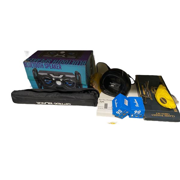 Shelf of Speakers, CD Player, Cassettes, and Footwear