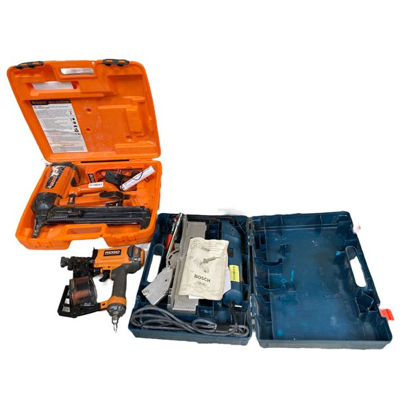 Group of Ramset T3 Driving Jobsite Speed Kit w/Box, Rigid Pneumatic Coil Nailer, Bosch FS2000 Fine C