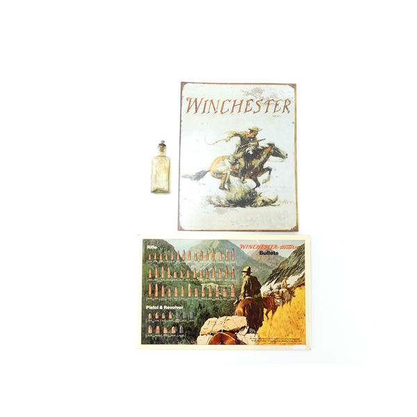 ASSORTED COLLECTIBLE WINCHESTER SIGNS AND BOTTLE LOT