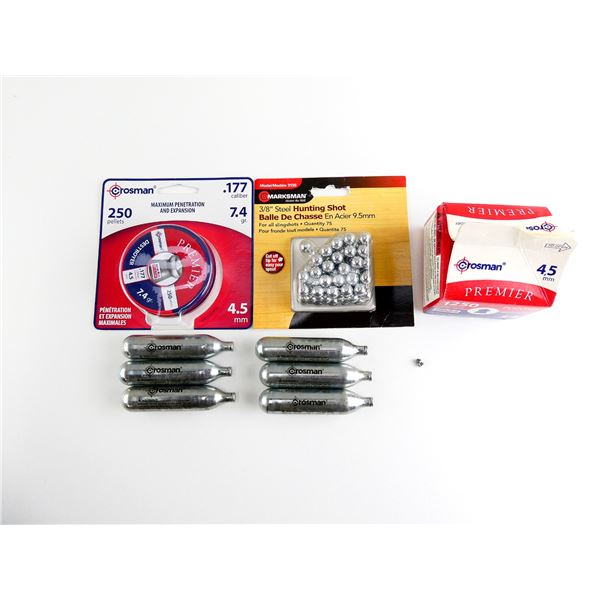 ASSORTED .177 CALIBER PELLETS / 3/8" STEEL SLING SHOT BALLS AND CO2 CANISTERS LOT