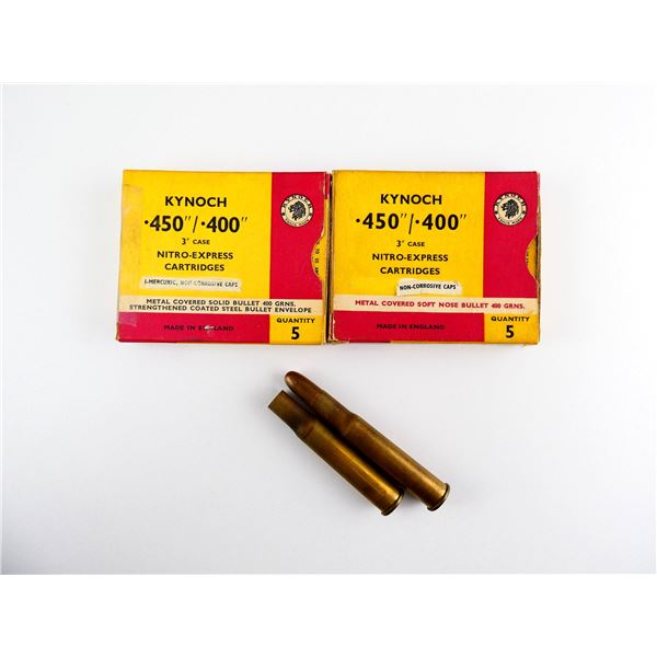 COLLECTIBLE KYNOCH .450"/.400" 3" NITRO-EXPRESS AMMO AND NON-PRIMED BRASS CASES LOT