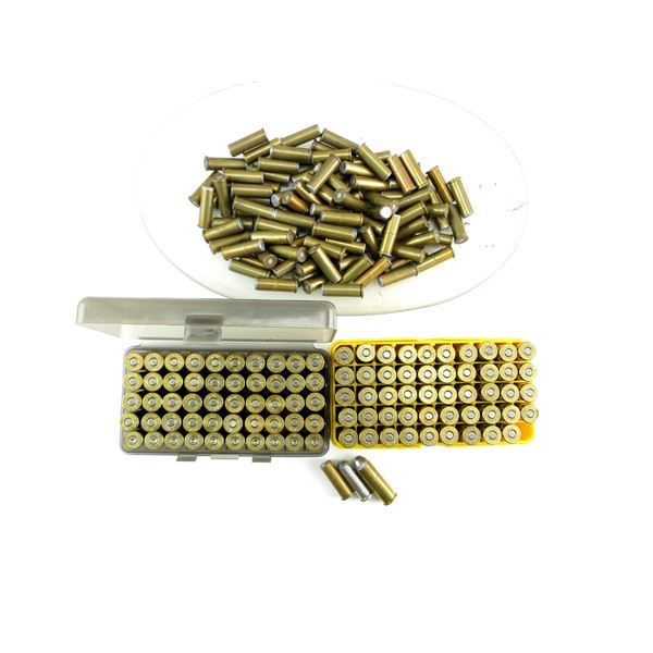 RELOADED ASSORTED .38 SPL / .45 COLT AMMO AND NON-PRIMED BRASS CASES LOT