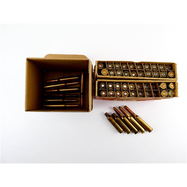RELOADED ASSORTED 6.5X54 MANNLICHER SCHOENAUER AMMO AND PRIMED BRASS CASES LOT