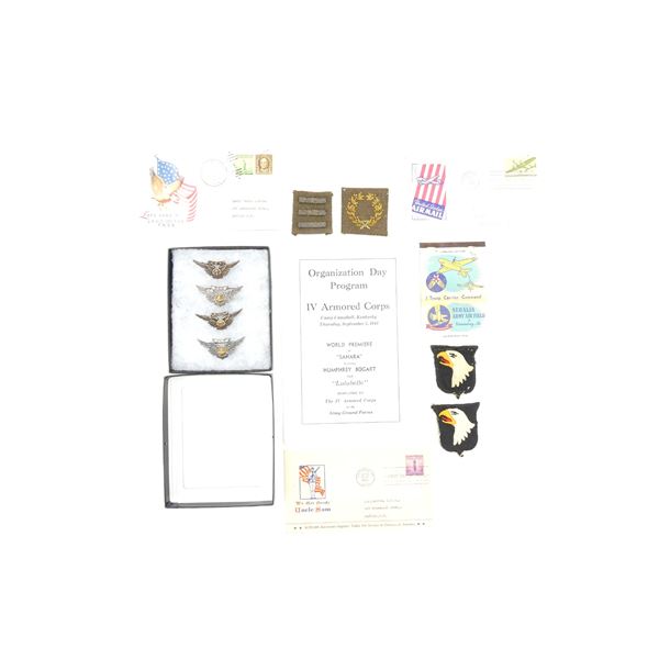 ASSORTED WWII U.S. MILITARY BADGES, POSTAGE, ETC. LOT