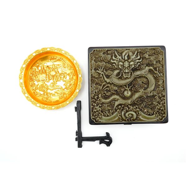 CHINESE GILT COPPER MINISTRY OF WAR DRAGON PLATE WITH BOX