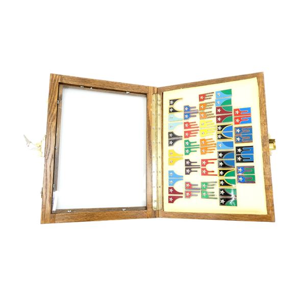 ASSORTED ITALIAN MILITARY MOSTRINE BADGES IN GLASS DISPLAY CASE LOT