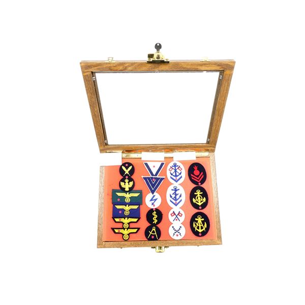 WWII GERMAN KRIEGSMARINE BADGES IN GLASS DISPLAY CASE LOT