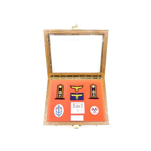 WWII GERMAN KRIEGSMARINE BADGES IN GLASS DISPLAY CASE LOT
