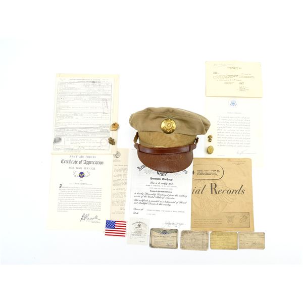 WWII U.S. ARMY AIRFORCE PEAKED CAP, BADGES AND DISCHARGE PAPERWORK LOT