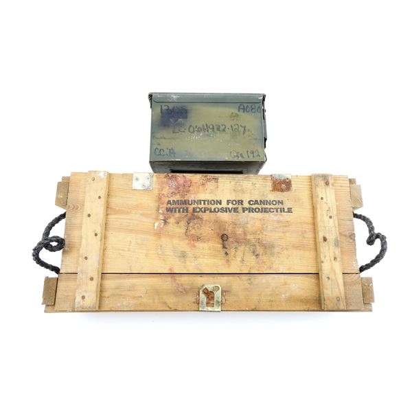 U.S. MILITARY WOODEN AMMO CRATE AND METAL AMMO TIN LOT