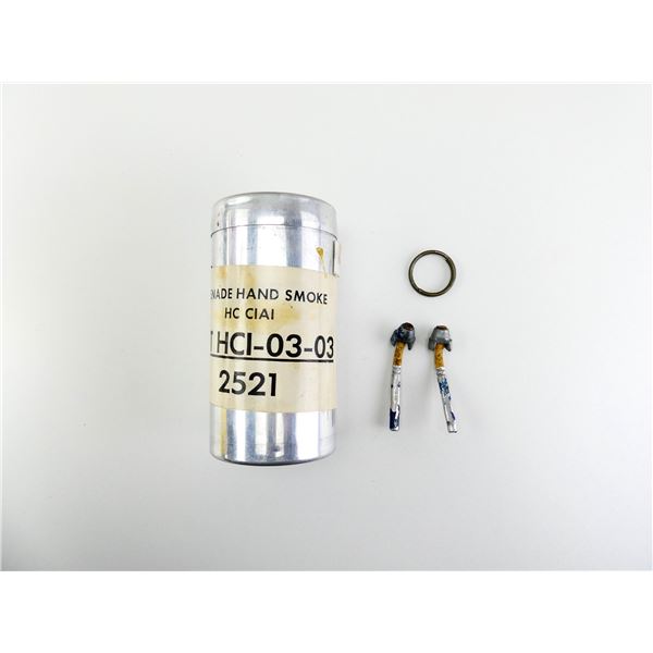 ASSORTED MILITARY MILLS BOMB DUMMY FUZES, PULL RING AND HAND GRENADE CANISTER LOT INERT