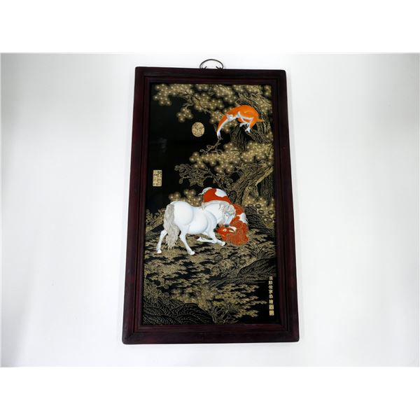 CHINESE MILITARY FRAMED GILT LINED POLYCHROME ENAMELED HORSE TILE